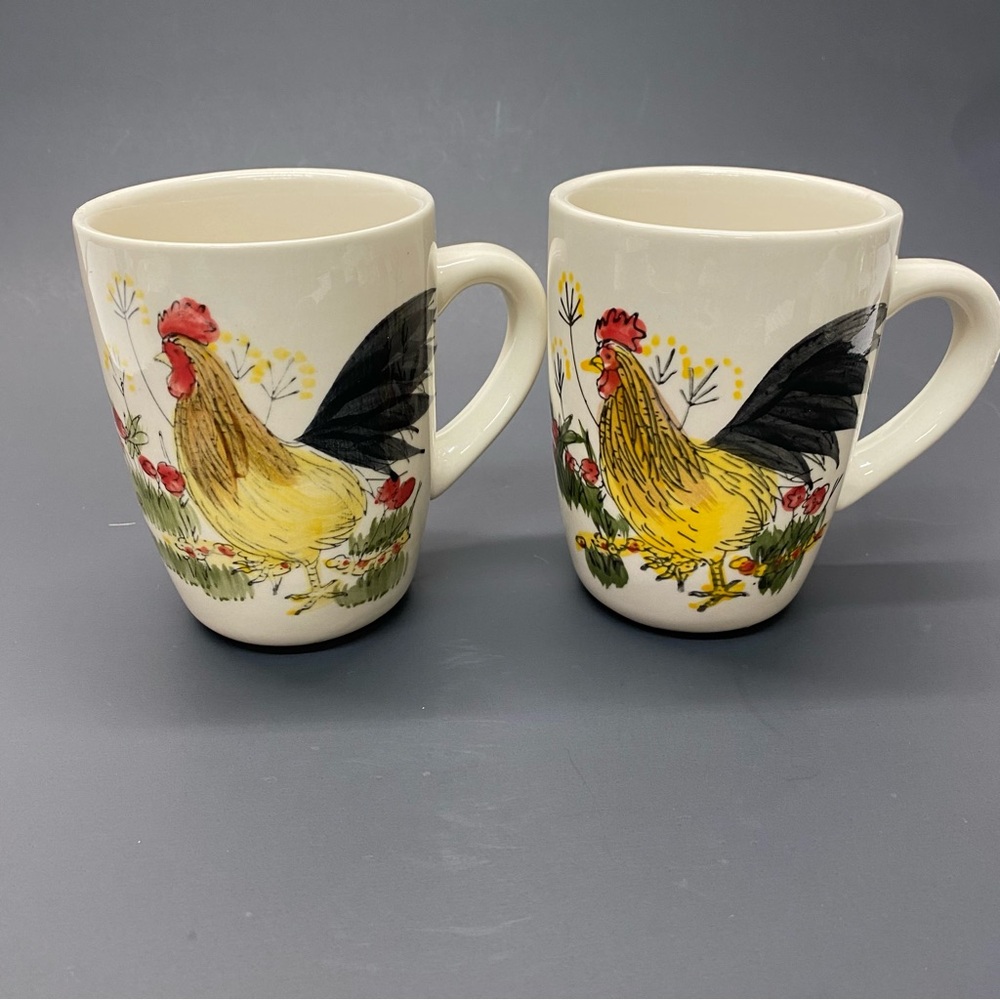 Paula Dean Set of 2 Southern Rooster Coffee Tea Cups Mugs Hand Painted Farmhouse